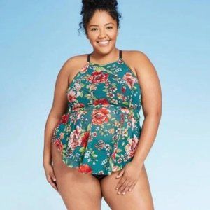 Kona Sol | Turquoise Floral High Neck Mesh Tankini & Navy Bottoms | 22W-24W